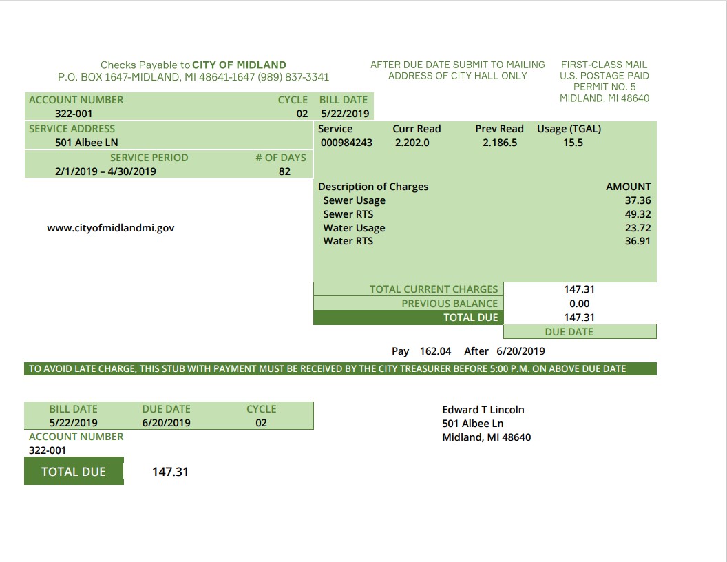 USA Michigan water utility bill template in Word and PDF (.doc and .pdf) format